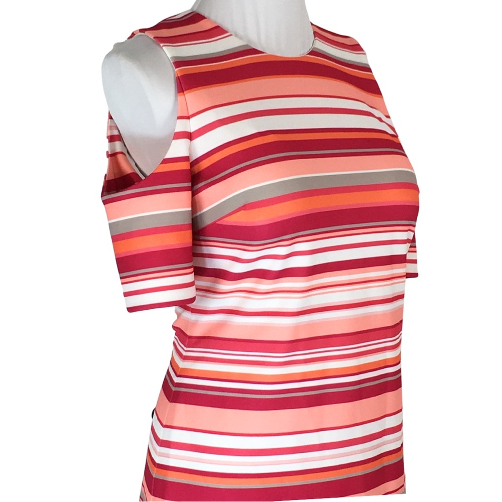 Calvin Klein HIBISCUS Pink Orange Striped Cold Shoulder A-Line Midi Dress size 6 - Picture 6 of 16